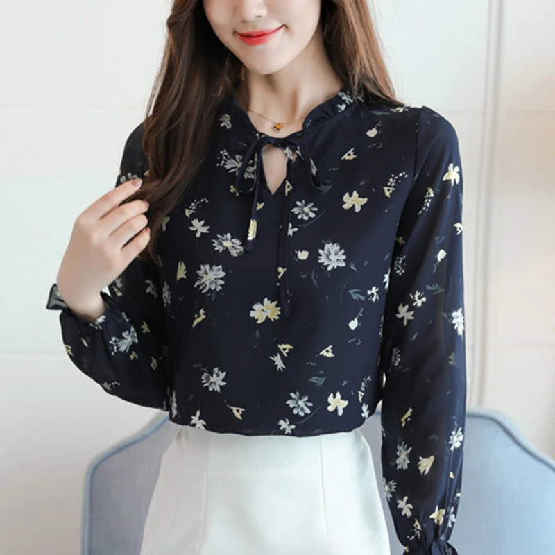 

2019 Shirt Women's Blouse Stylish Chiffon Korean Style Fashion Clothing Ladies Flowers Blouses Of Large Sizes 4XL Black Cool C3