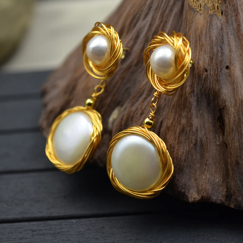 

Natural Pearl Ear Nail Flower Ring Woman 14K Gold-clad Wire Hand-woven Color-retention and Anti-allergy 925 Silver Needle