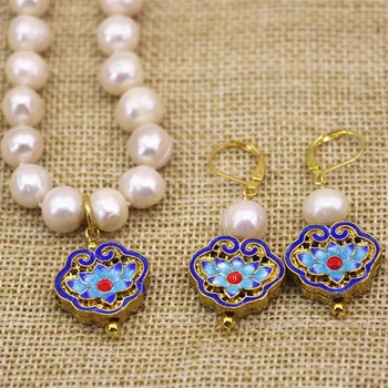 

Elegant natural white 9-10mm freshwater pearl beads necklace earrings women gold-color cloisonne diy jewelry sets 18inch B3113