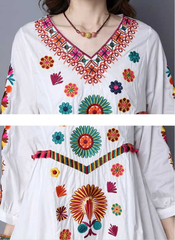 Горячая Распродажа винтажное 70 s мексиканское Бохо хиппи цветочное вышитое этническое свободное белое длинное шикарное платье для беременных