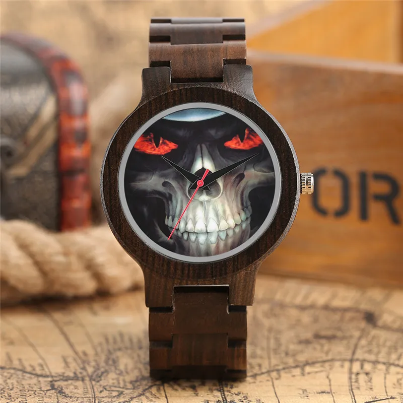 Creative Skull Face Quartz Men's Wood Watch Bracelet Clasp Watches