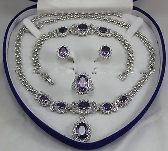 

free shipping>>> Beautiful!Amethyst Inlay Link Bracelet earrings Ring Necklace Set + Gift Box NEW
