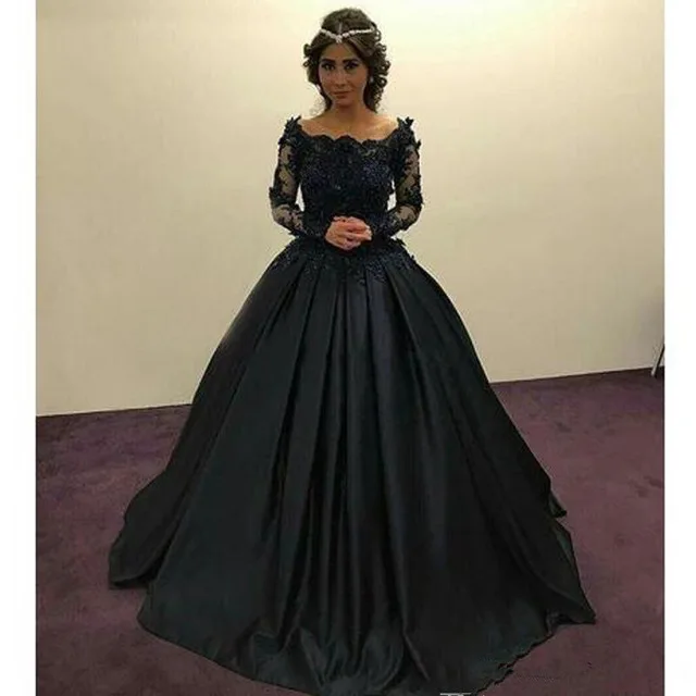 Britnry 2019 Vintage Scoop Long Sleeve Lace Satin Ball Gown Black