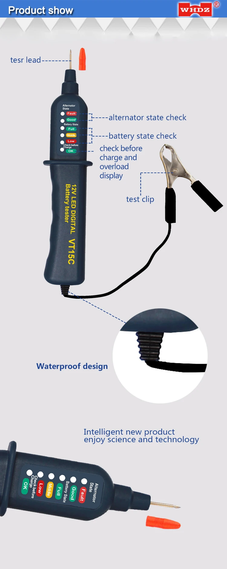 WHDZ VT15C 12 в автомобильный тестер батареи Цифровой автоматический анализатор генератора перед зарядкой проверка диагностический инструмент вольтметр 6 светодиодный индикатор