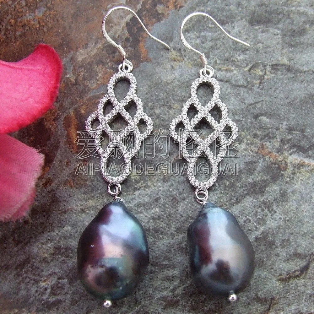 

E071012 20MM Black Keshi Baroque Pearl Silver Hook CZ Connector