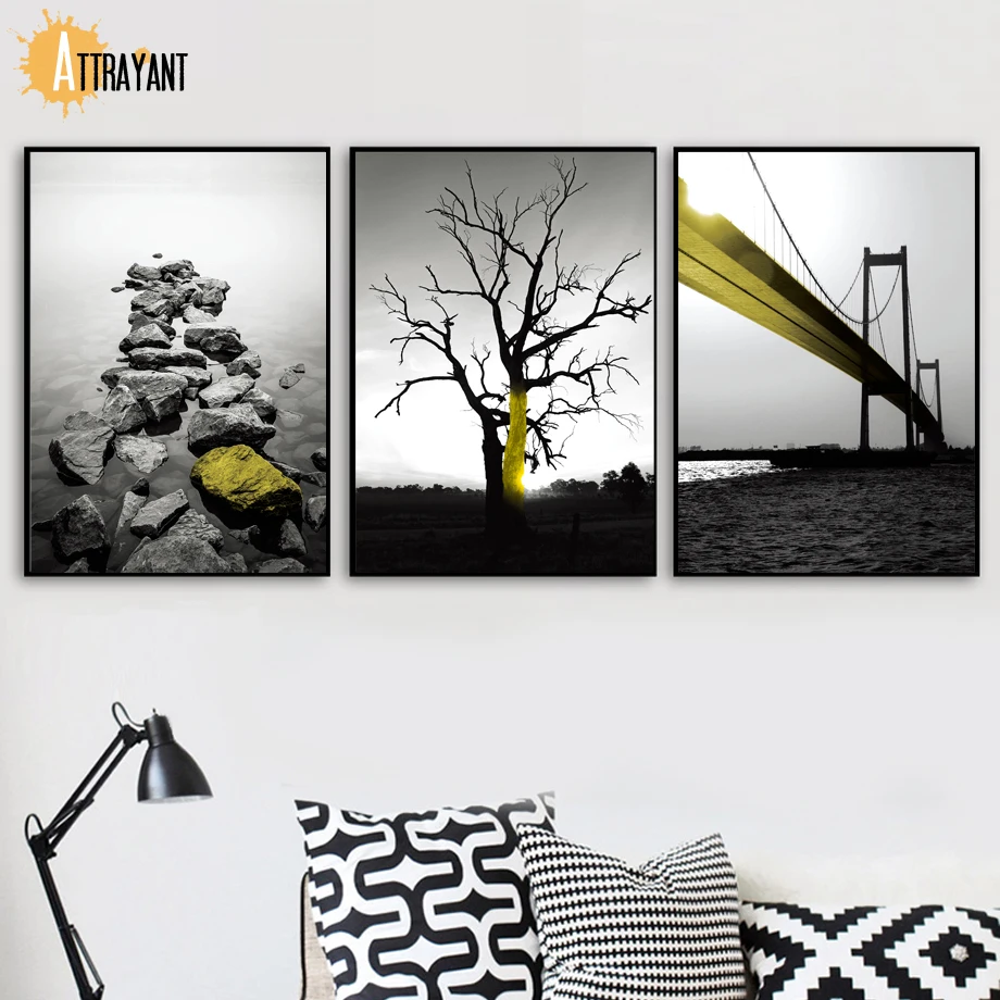 

Yellow Stone Sea Tree Bridge Landscape Wall Art Canvas Painting Nordic Posters And Prints Wall Pictures For Living Room Decor