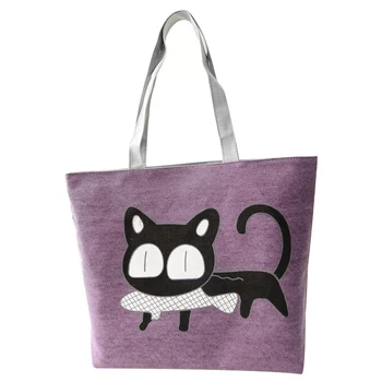 

Girl cat eat fish shopping bag Shoulder Women Handbags beach tote bags handbags purple