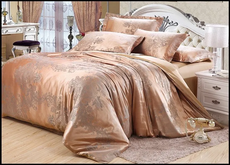 Luxury gold grey satin jacquard bedding set king queen size duvet cover