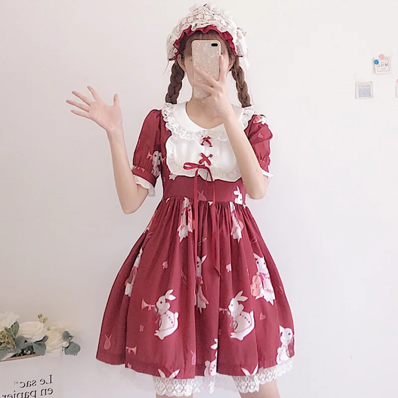 

Japanese Summer Mori Girl Sweet Dress Women Peter Pan Collar Rabbit Print Short Sleeve Female Kawaii Lolita Cosplay Dress K120
