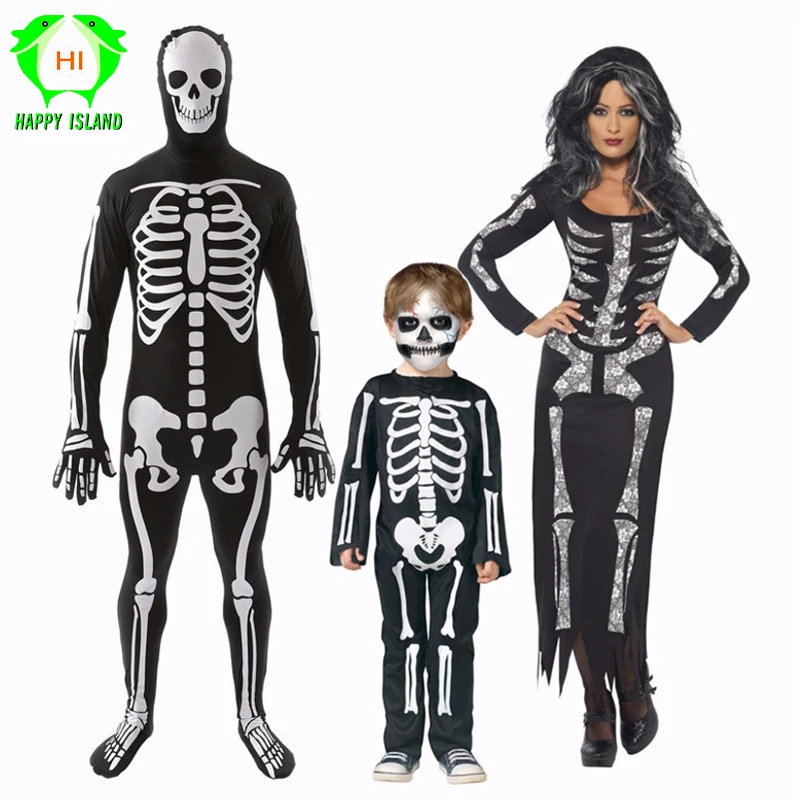 Adult and Kid Skeleton Carnival Halloween Party Cosplay Costume Women Fancy Skeleton Black Long