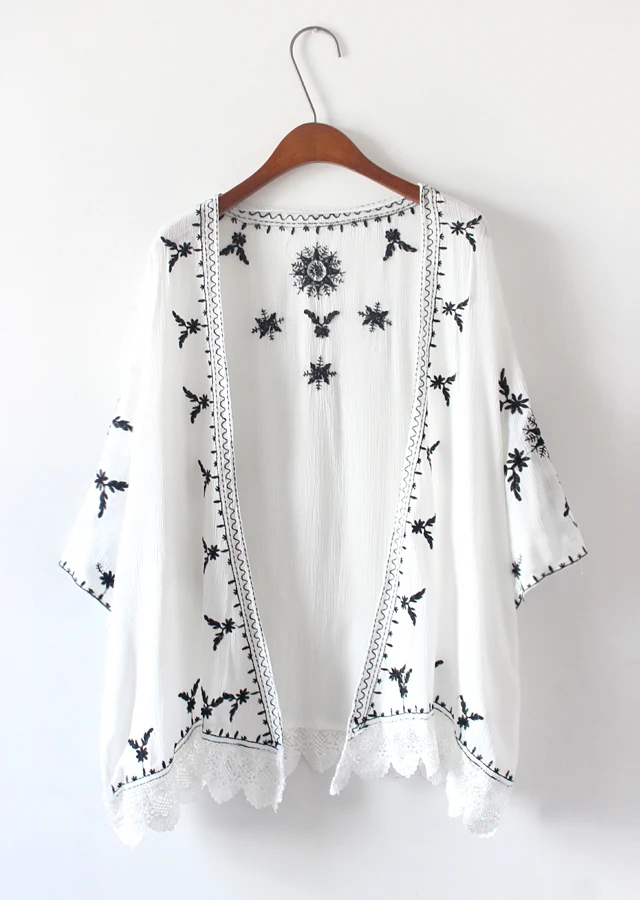 Cheshanf 2019 Summer Beach Kimono Cardigan Lace Embroidery Beach Sunscreen Shirt Loose Cardigan Cotton Blouse Femme
