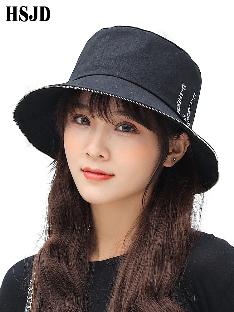 

Cotton Letter Embroidery Wide Brim Sun Hat Summer Anti-UV Bucket Hat For Women Zipper Fashion Foldable Sun Hats Women Bucket Cap