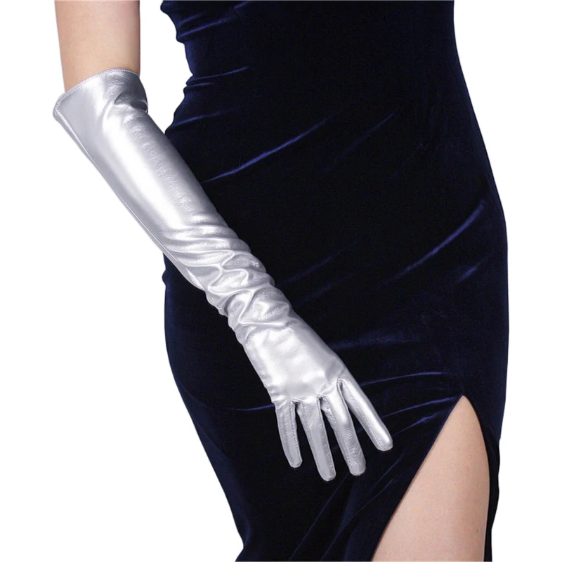 Fashion Silvery Patent Leather Woman's Gloves Faux Genuine Leather PU Synthetic Leather 50cm Long Female Mittens P45 Fashion Silvery Patent Leather Woman's Gloves Faux Genuine Leather PU Synthetic Leather 50cm Long Female Mittens P45