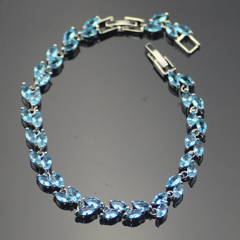 

Leaf Blue Cubic Zirconia Sterling Silver Women Link Chain Bracelets Sterling Silver Jewelry Lenth 7+1 Inch Free Gift Box