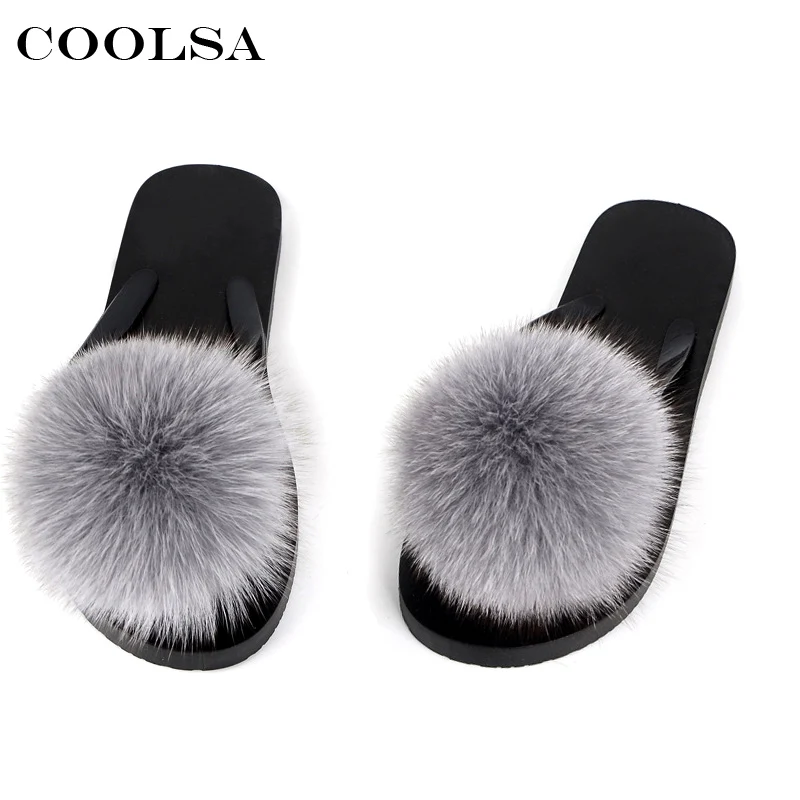 

Coolsa Hot Women Flip Flops Real Fox Fur Slippers Fluffy Fur Pompom Slides Flat Indoor Slippers Cute Ladies Casual Beach Sandals
