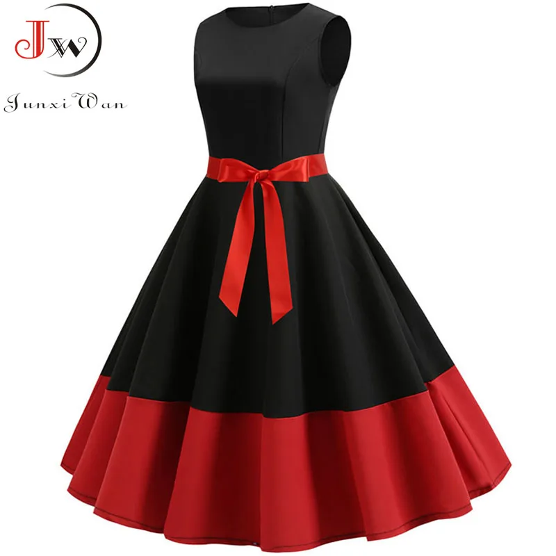 Ретро женское летнее Повседневное платье рокабилли 50s 60s винтажное платье Vestidos Swing Pin up красное черное лоскутное элегантное вечернее платье