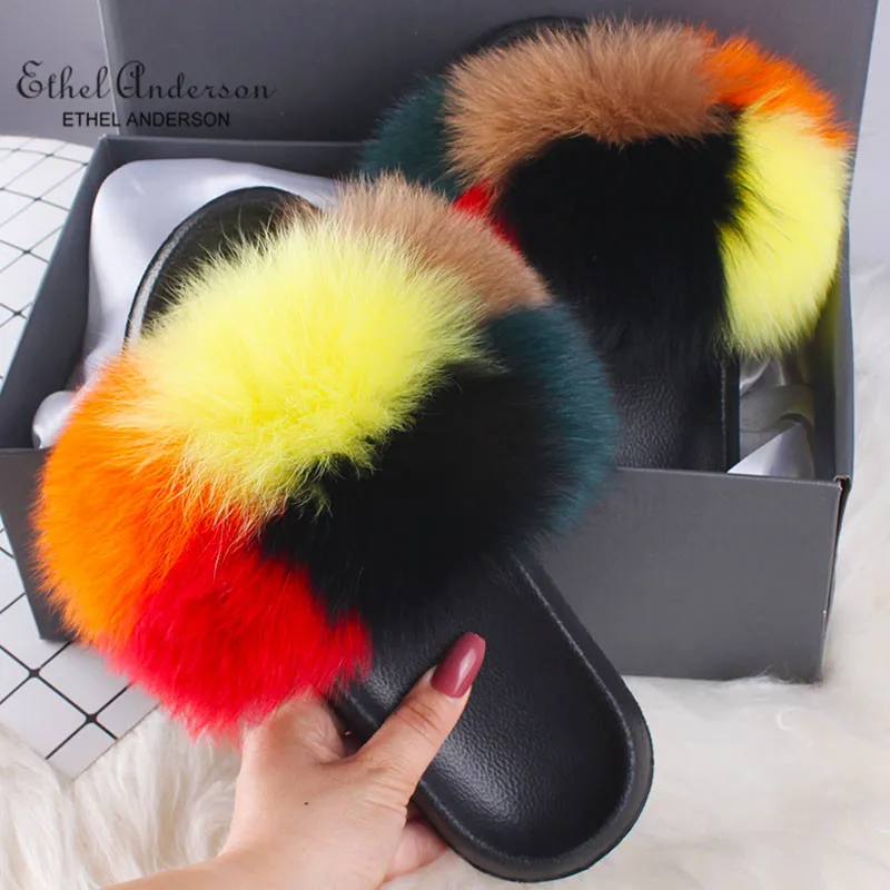 Top Selling Real Fur Slippers Slides Women Summer Plush Fox Flip Flops Holiday Fluffy Raccoon Fur Sandals Shoes - Цвет: Six Colors Mixed