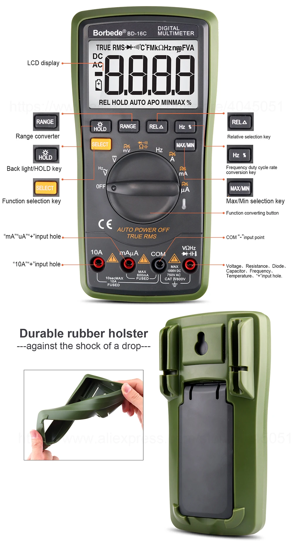 Borbede Auto Digital Multimeter Range BD-16C of 6000 Counts AC DC Resistance Temperature Capacitance True RMS Diode Tester