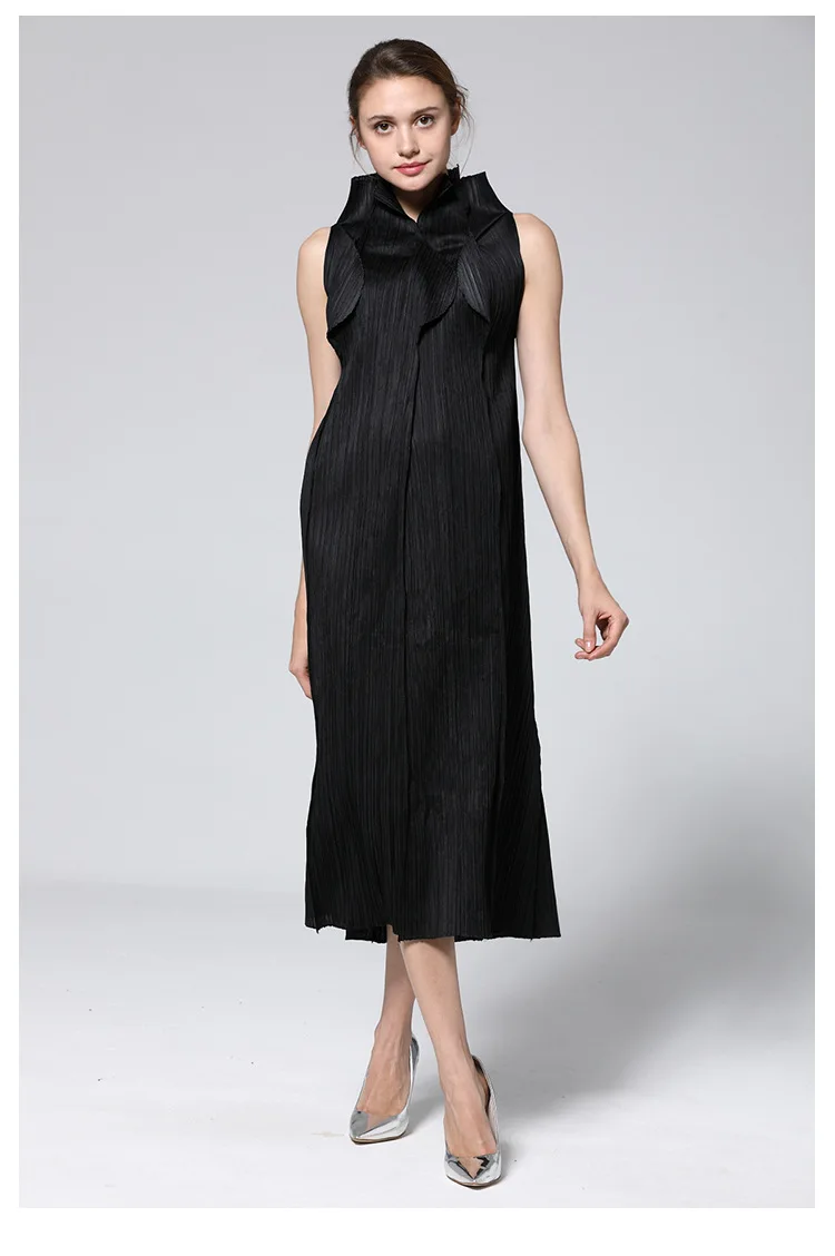 Miyake fold Модное Длинное платье без рукавов с отложным воротником