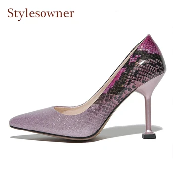 

fashion snake pattern spring autumn high heel woman shoes stiletto heel pointed toe lady dress shoes slip on mixed color shoes