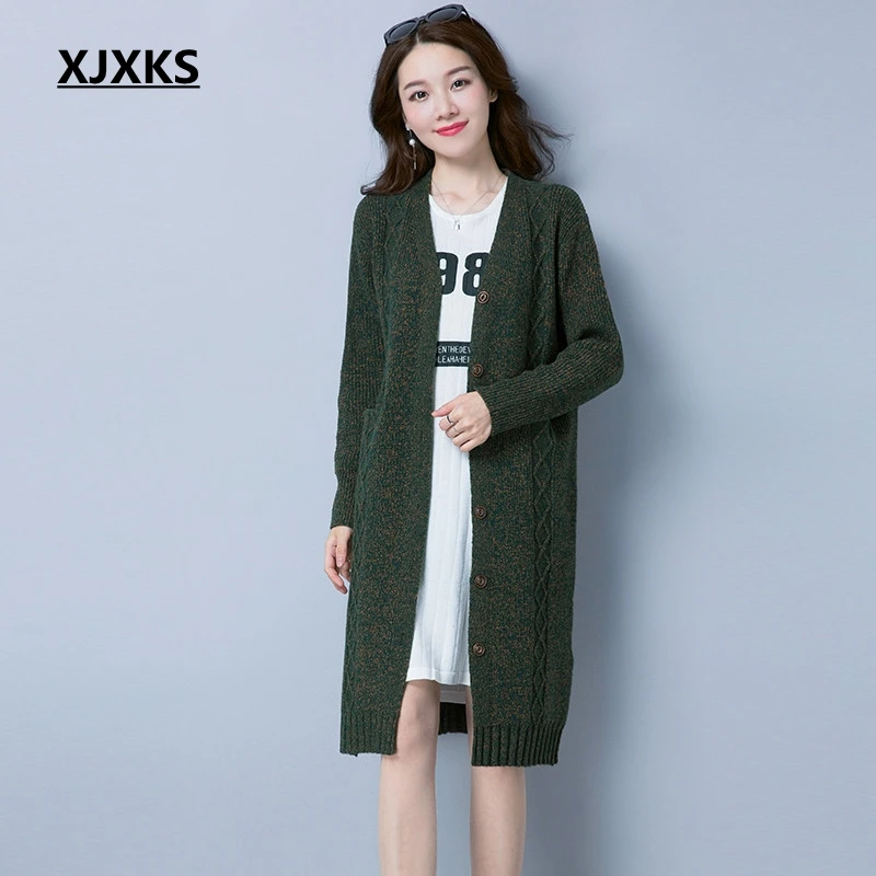 

XJXKS Solid color v-neck women cardigan sweater coat single breasted wool and cashmere knit loose fashion women cardigan coat