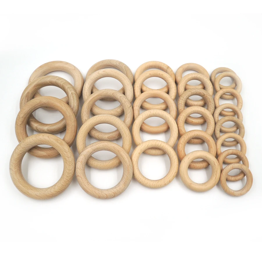 80mm natural customized logo DIY Organic beech Ring teething toy round beech Wooden baby teethers toddler