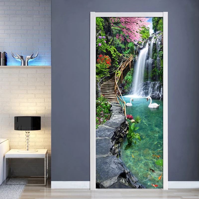 Nature Landscape Waterfall 3D Door Sticker Photo Wallpaper PVC Self Adhesive Waterproof Door Stickers Home Decor Mural De Parede