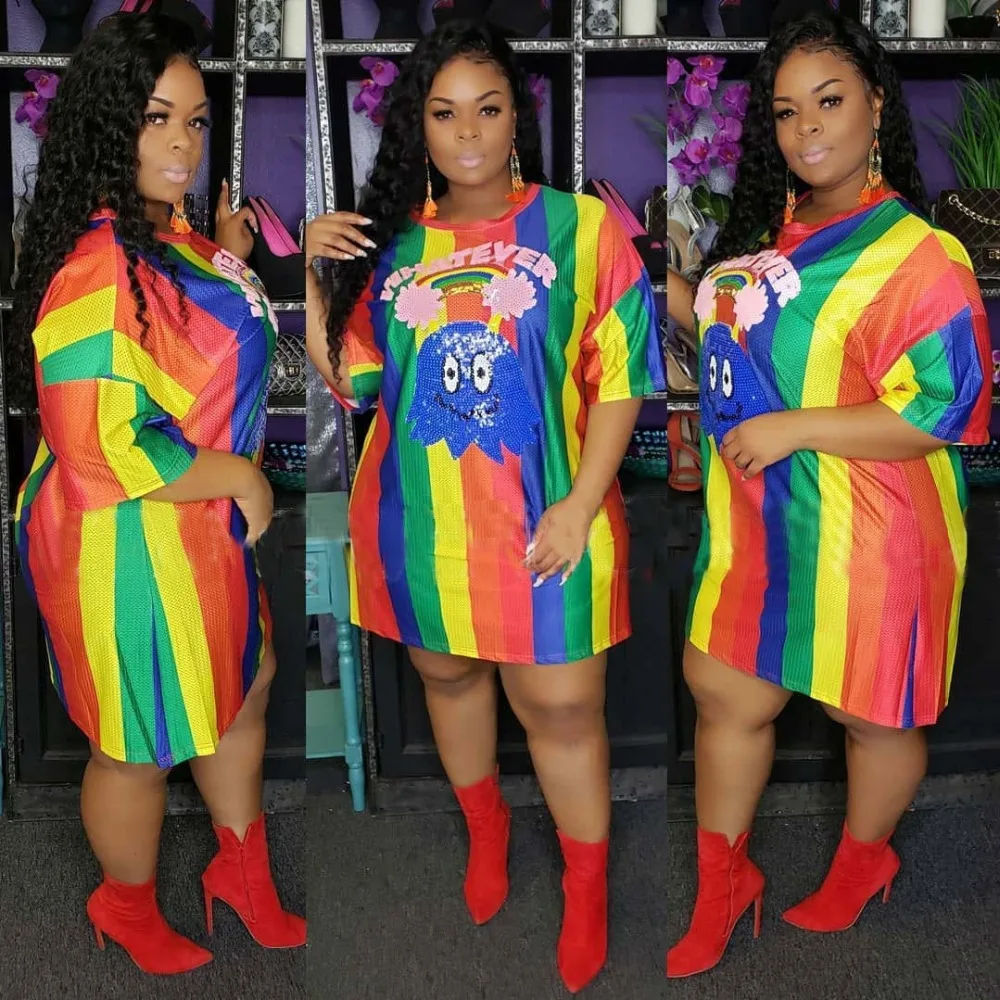 

Rainbow Vertical Stripes Personality Pattern Print O Neck Short Sleeve Loose Casual Women Mini Dress Summer New Streetwear L0259