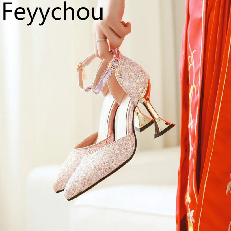 

Women's Pumps Super High Heel Spring Autumn Sequined Cloth Pointed Toe Buckle 2019 New Sexy Fashion Sweet Party Big Size 34-43
