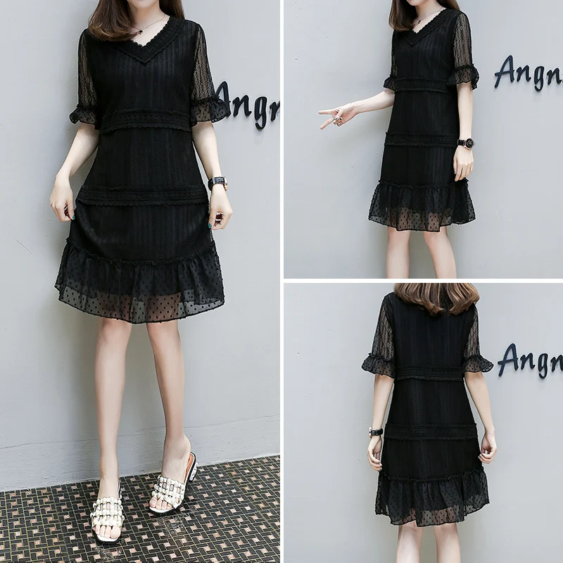 5xl além disso big size roupas femininas primavera verão 2017 estilo coreano vestidos finos festa black lace doce bonito vestido feminino A3849