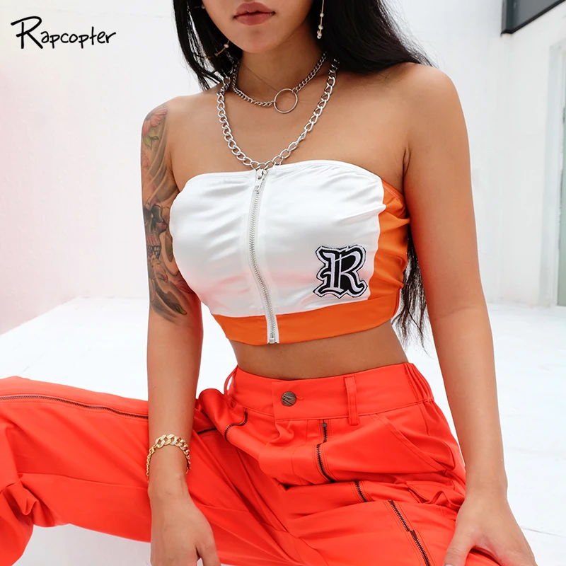 

Rapcopter Embroidery Letter Sexy Sleeveless Backless Women Tube Tops Punk Motorcycle Style Zipper Crop Top Patchwork Fashion Top
