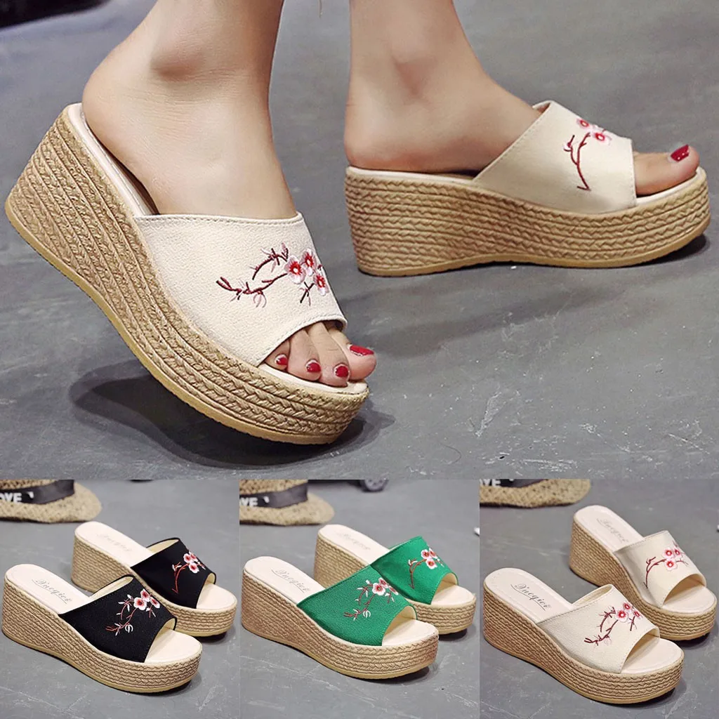 

Summer Retro Ethnic Wind Embroidery Flowers wedges slippers for women Beach Shoes chaussures femme Non-Slip platform sandals