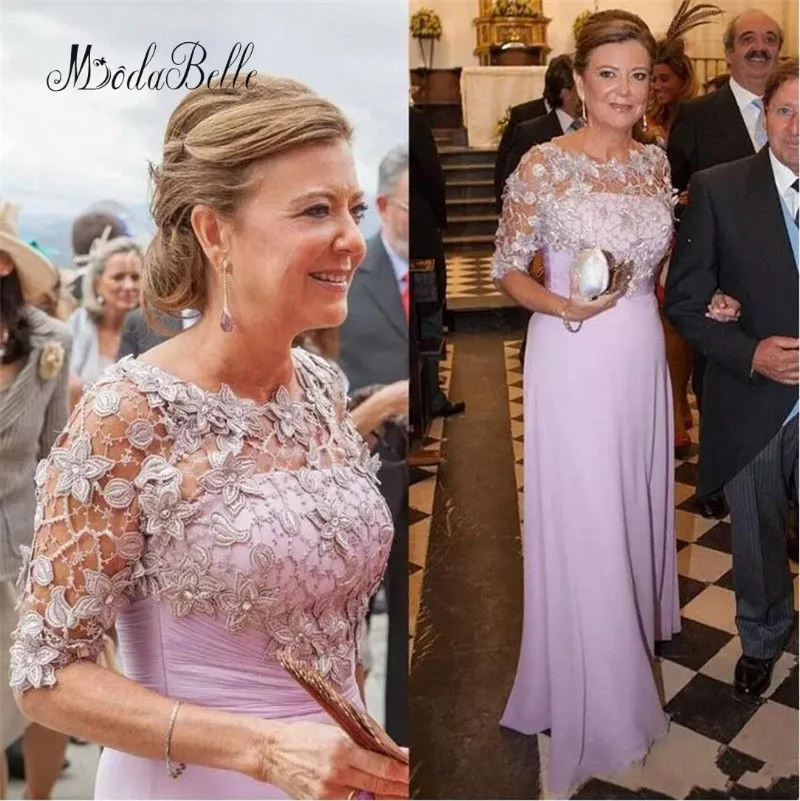 

Modabelle Applique Chiffon Floor Length Pleats Mother of the Bride Dresses Half Sleeves Jewel Elegant Evening Dresses