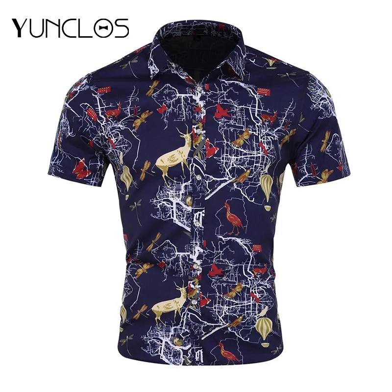 

YUNCLOS 2019 New Summer Men Shirt Animal Print Casual Shirts Men Fashion Brand Clothing Printed Short Sleeve Camisa Masculina