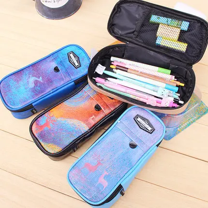 

1 pc milu deer pencil bags for students PU material zipper pencil cases big volume 4 colors Deli 31721