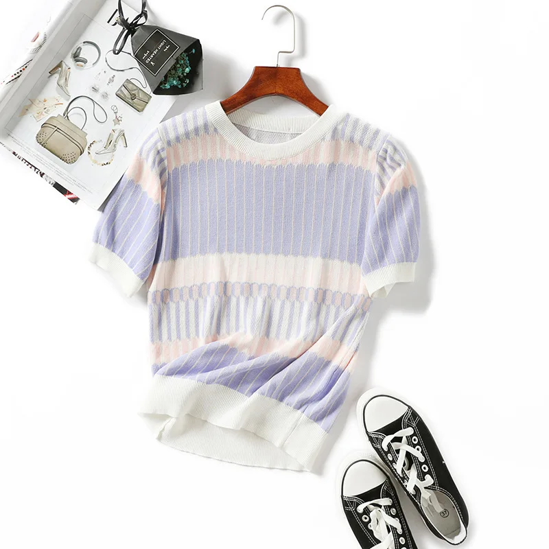 

2019 Summer Thin Sweater Womens Shirt Round neck Short Sleeve Knit Patchwork Stripes Hit Color Korean Fresh Sweet Basic Tops
