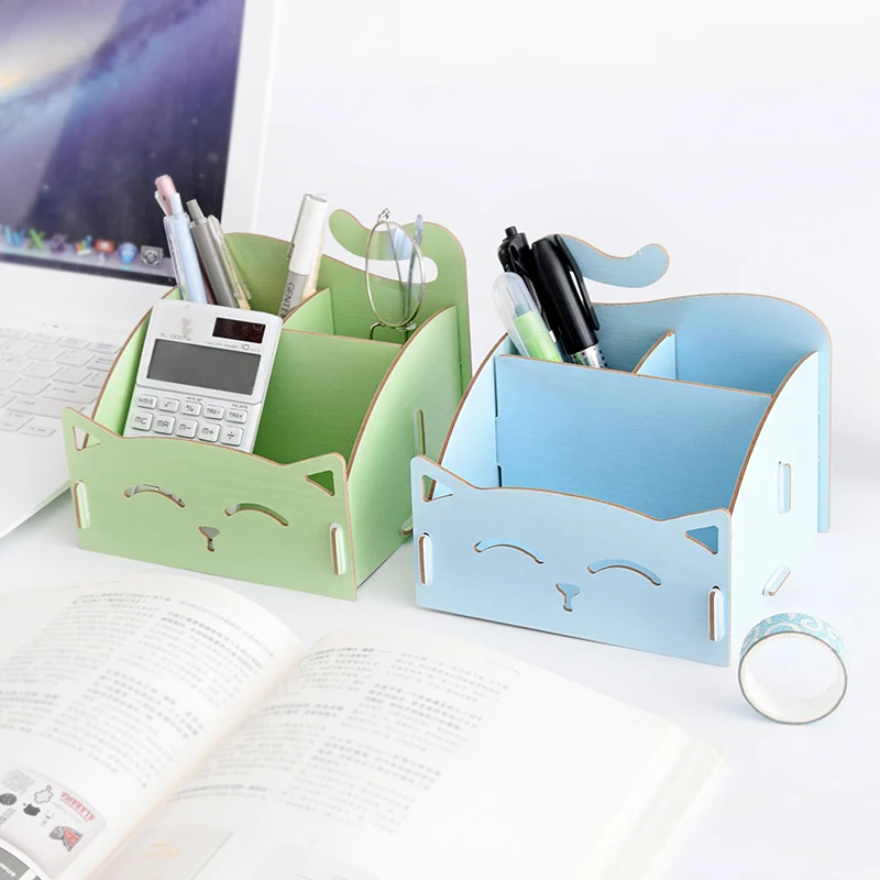 

1pc Cartoon Cute Cat Pen Holders Multifunctional Storage Bin Wooden Space Saving Cosmetic Organize Box Desk Accessories