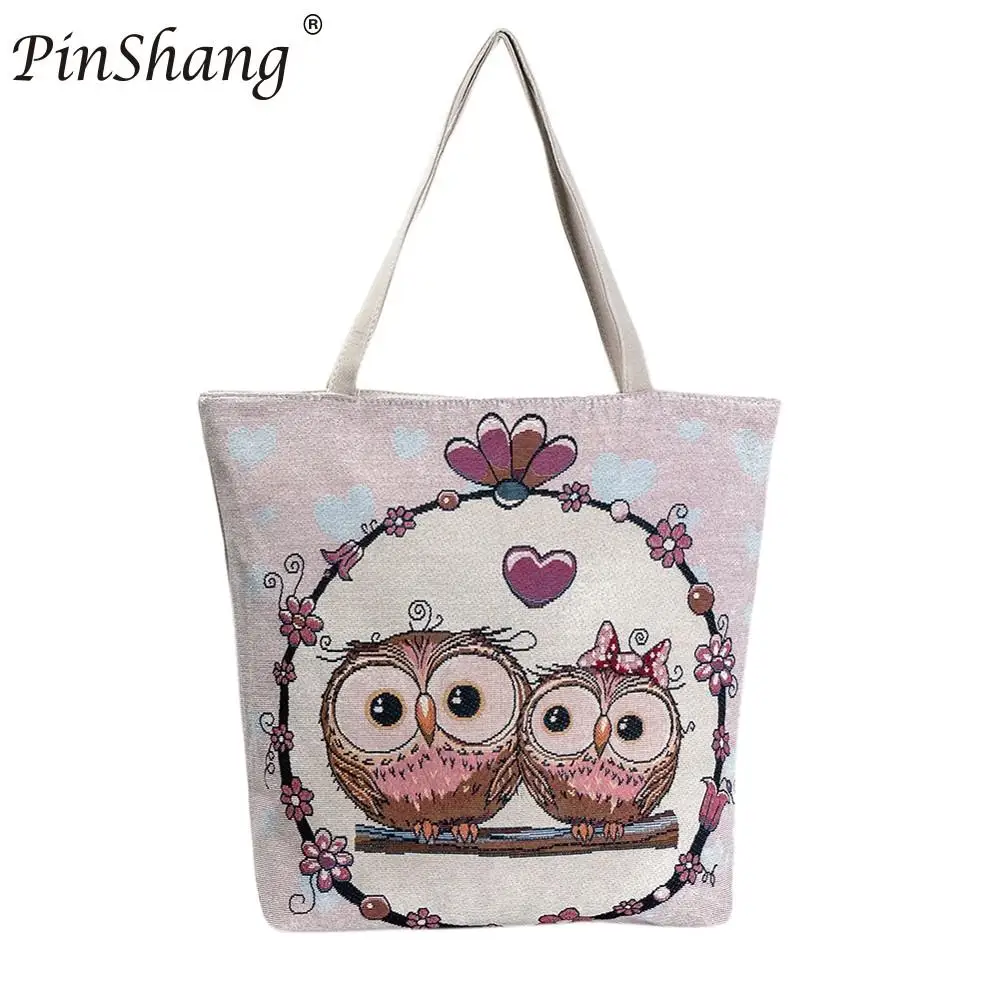 

PinShang Women Cartoon Owl Printed Shoulder Bag Large Capacity Canvas Handbag Large Capacity Ladies Beach Bag Women ZK30