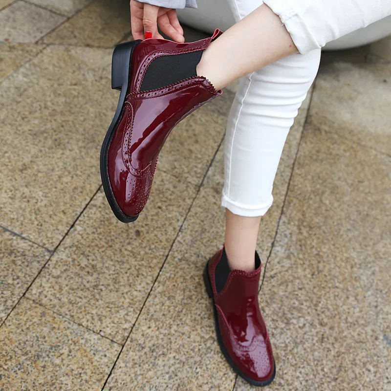 Chaussures En Noir Bottines Brogue Verni Noir Chunky Lady Ymechic Sculpté Femmes Med Chelsea Bloc Cheville Botte Rouge Talons Automne Cuir Courte vin VpUzqMSG