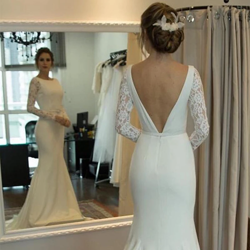 

Mermaid Wedding Dresses 2019 Lace Long Sleeves Vestido de Noiva Vintage Satin Backless Beach Bridal Dresses Robe De Mariee