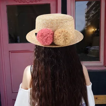 

Women Cute Leisure Pompom Ball Straw Sun Hat Loli Bow Pearl Hat Photo Studio Photography Cap Beach Hat TY66