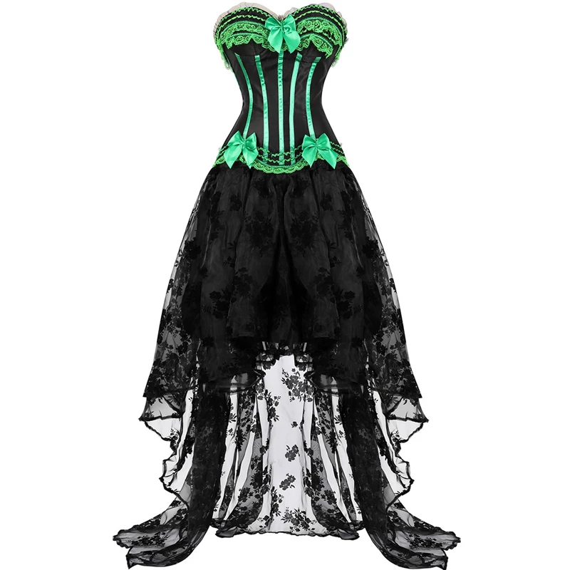 Corset Dress For Women High And Low Skirt Tulle Long Lace Stripe Bustier Plus Size Gothic Burlesque Exotic Costumes Halloween