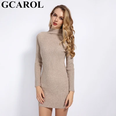 Женский длинный свитер GCAROL, эластичный вязаный пуловер, закрывающий бедра, с воротником-стойкой на осень и зиму - Цвет: Light Khaki