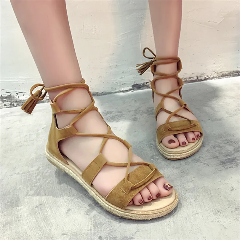 Sandals for Women Summer Womens Ladies Retro Roma Flat Cross Tie Zipper Casual Lasting Non-Slip Shoes
