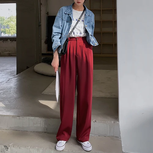 Женские свободные брюки с высокой талией Pantalon Femme черные винно красные полной