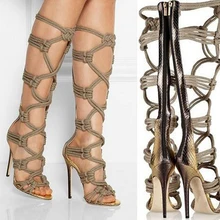 Лидер продаж; женские сапоги-гладиаторы до колена; пикантная обувь на молнии с открытым носком на Ультра высоком каблуке; Botas Mujer; перекрестный ремень полый крест; женская обувь