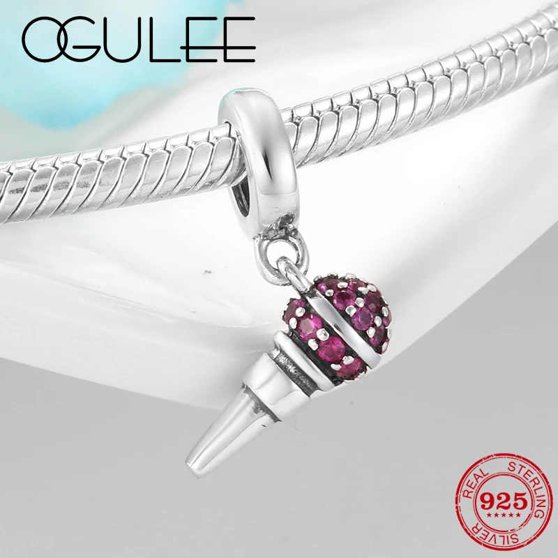 

Love music Red CZ microphone Charm Pendant Original 925 Sterling Silver Metal Bead Fit Pandora Bracelet Fine Jewelry making