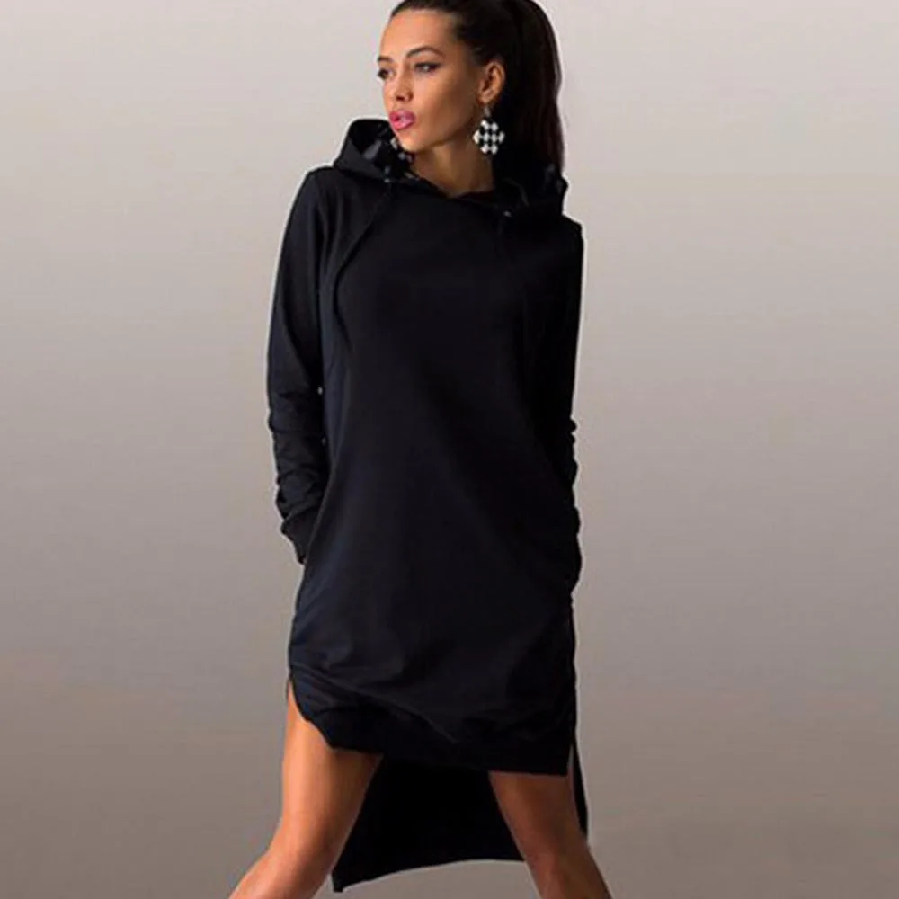 

Rosetic Women Sweatshirts Autumn Hooded Solid Black Plus Size Long Asymmetrical Casual Loose Pullover Sweatshirt Dress Hoodie
