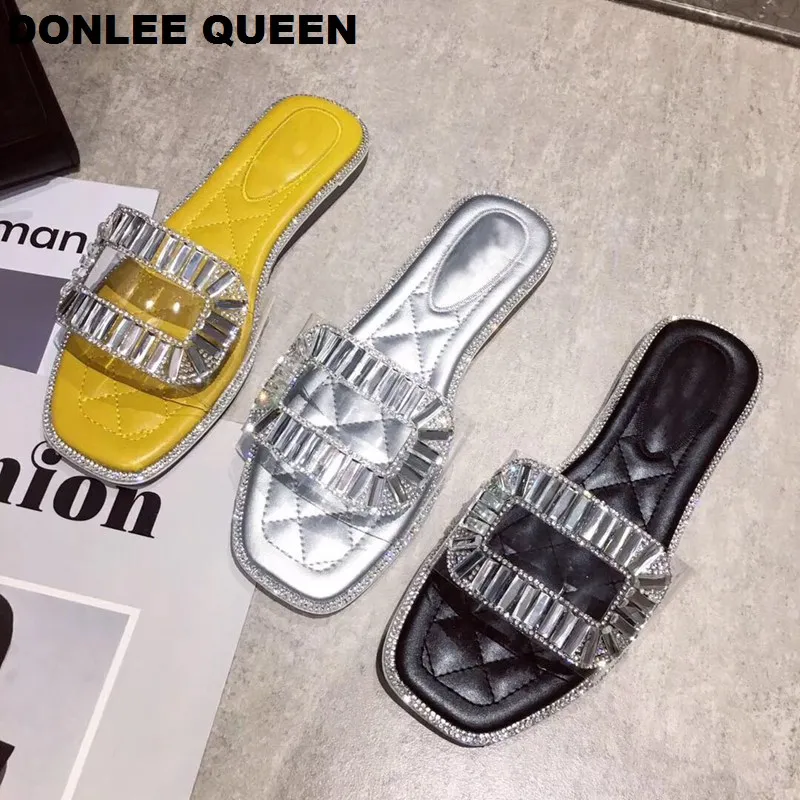 

Women Crystal Slippers Bling Diamond Beach Flip Flops Slip On Transparent Sandal Platform Summer Shoes Leopard Rubber Sole Slide