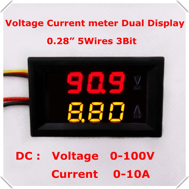 RD DC 0-100 V/10A светодиодный дисплей красный+ зеленый 0,28 Цифровой амперметр вольтметр 5 провод 3 Бит автомобильный измеритель напряжения тока [4 шт./партия]